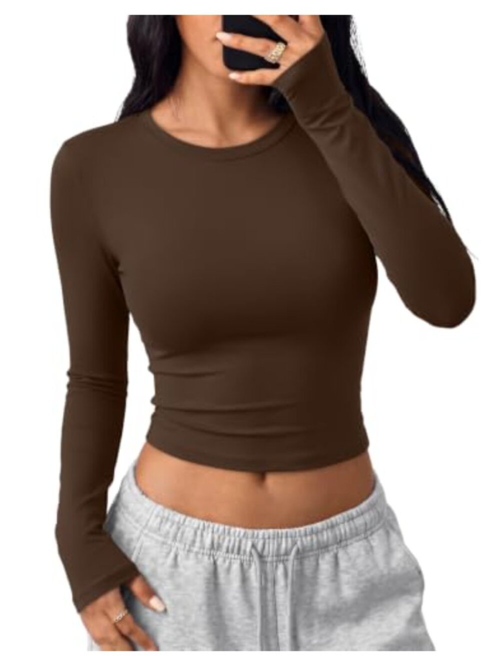 Trendy Queen Womens Long Sleeve Crop Top Y2K Crew Neck Slim Fit Tee